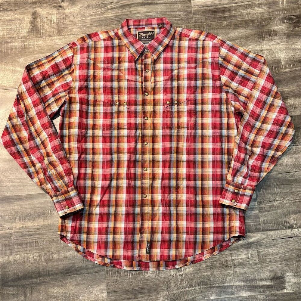 Wrangler Retro Men's‎ XXL Red Plaid Western Shirt Long Sleeve Snap